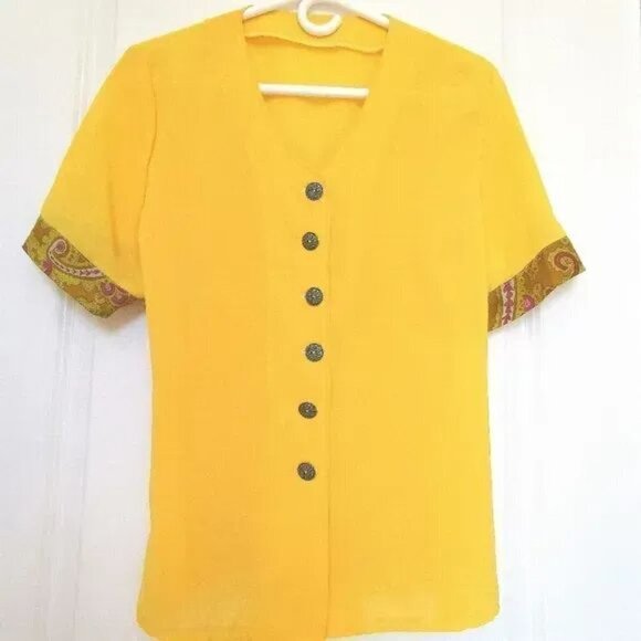 VINTAGE 70's blouse button down top yellow paisley cuffs - Picture 3 of 5